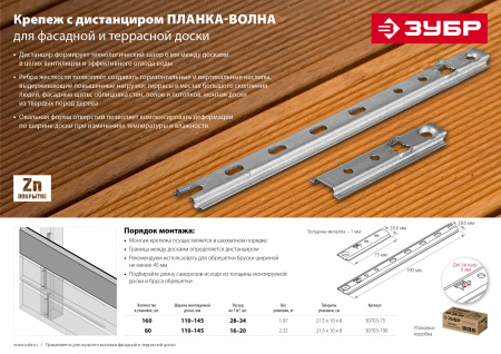 ЗУБР Планка-Волна, 190 мм, цинк, 80 шт, крепеж для монтажа фасадной и террасной доски (30703-190)