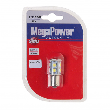 Автолампа P21W (BA15s) 13 SMD 5050 WHITE блистер 6000K 260лм   12V MEGAPOWER /1 /50