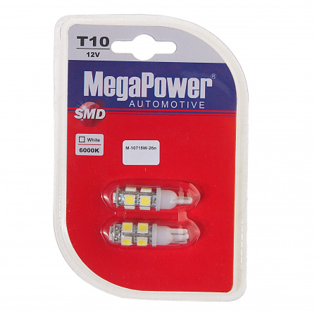 Автолампа T10W (W2,1x9,5d) 9 SMD 5050 WHITE блистер (2 шт) 6000K 180лм   12V MEGAPOWER /1 /50