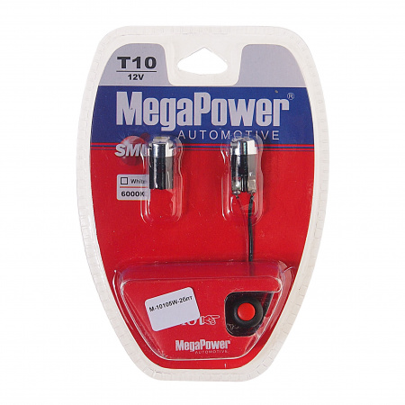 Автолампа T10W (W2,1x9,5d) 1 SMD 5050 WHITE блистер с тестером (2 шт) 6000K 20лм   12V MEGAPOWER /1 /25