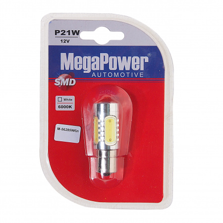 Автолампа P21W (BA15s) 5 SMD MEGA WHITE блистер 6000K 400лм   12V MEGAPOWER /1 /50