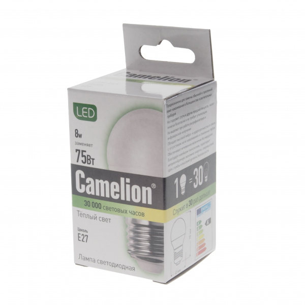 Лампа светодиодная E27 G45 8W тёплый свет CAMELION 1/10/100