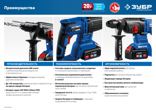 ЗУБР Т7, 20 В, 26 мм, без АКБ, бесщеточный перфоратор, Профессионал (PB-260)