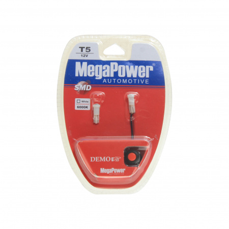 Автолампа T5 (W2*4.6d) 1 SMD 3528  WHITE блистер с тестером (2шт) 6000K 18лм   12V MEGAPOWER /1 /25