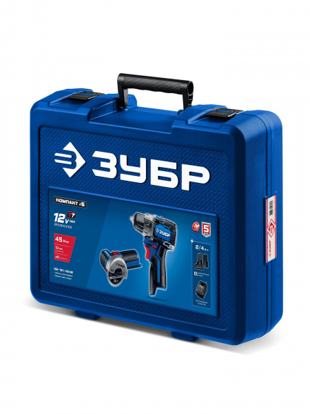 ЗУБР КОМПАКТ #5, набор: дрель-шуруповерт + мини УШМ, BRUSHLESS, 12 В, 45 Н·м, 2 АКБ тип Т7 (4 и 2 А·ч), кейс, Профессионал (DB-121-42AB)