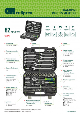 Набор инструментов, 1/2", 1/4", пластиковый кейс, 82 предмета// Сибртех Набор инструментов, 1/2", 1/4", пластиковый кейс, 82 предмета// Сибртех