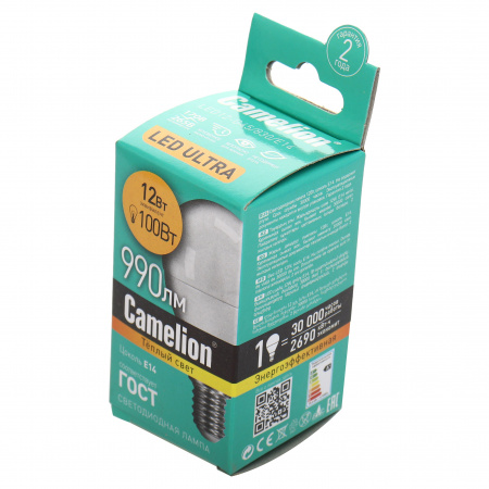 Лампа светодиодная E14 G45 12W тёплый свет CAMELION 1/10/100