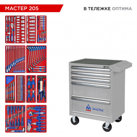 Набор инструментов 205 предметов, "МАСТЕР 205", в серой тележке МАСТАК 52-05205G Набор инструментов 205 предметов, "МАСТЕР 205", в серой тележке МАСТАК 52-05205G