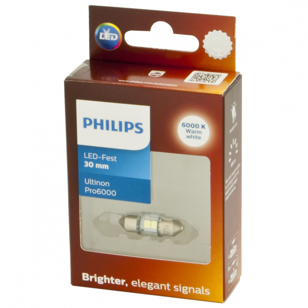 Автолампа C5W (SV8.5/8) LED 30мм WHITE Ultinon Pro6000 6000K 120Лм 24V PHILIPS /1/10