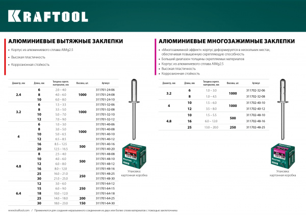 KRAFTOOL Alu (Al5052), 4.8 x 8 мм, 500 шт, алюминиевые заклепки (311701-48-08)