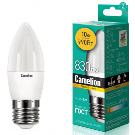 Лампа светодиодная E27 C35 10W тёплый свет CAMELION 1/10/100
