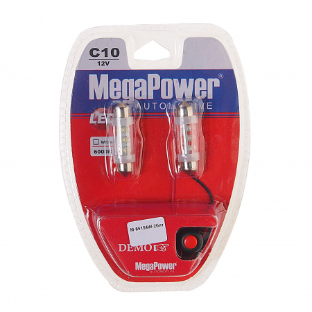 Автолампа C10W (SV8,5) 6 LED WHITE 39мм блистер с тестером (2 шт) 6000K 120лм   12V MEGAPOWER /1 /25