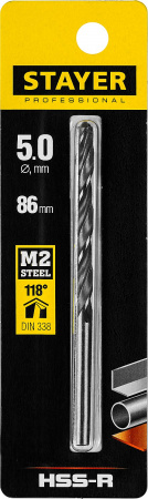 STAYER HSS-R, 5.0 х 86 мм, быстрорежущая сталь P6M5, сверло по металлу, Professional (29602-5)