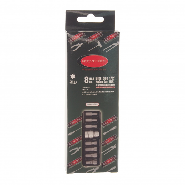 Набор бит RF-4089 RIBE c битодержателем,8пр. 1/2"(L:30;M5,М6,М7,М8,М10,М12,M14) в ложементе ROCKFORCE /1