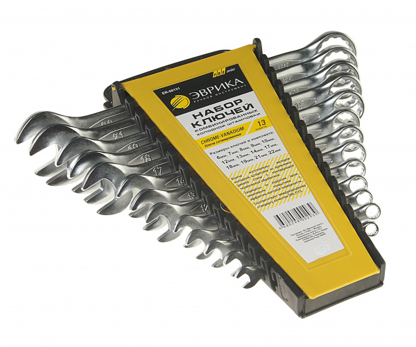 Набор ключей комбинированных (6,7,8,9,10,12,13,14,17,18,19,21,22мм) холдер 13 предметов CrV PRO ЭВРИКА 5/20