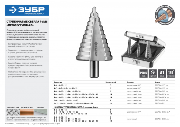 ЗУБР 4-39 мм, 14 ступеней, сталь Р6М5, ступенчатое сверло, Профессионал (29670-4-39-14)