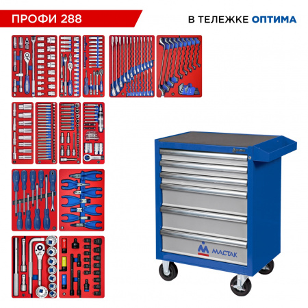 Набор инструментов 288 предметов, "ПРОФИ 288", в синей тележке МАСТАК 52-06288B Набор инструментов 288 предметов, "ПРОФИ 288", в синей тележке МАСТАК 52-06288B