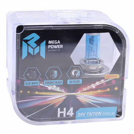 Автолампа H4 (75/70) P43t-38 BLUE WHITE 4300K (бокс, 2шт) 24V MEGAPOWER /1/10