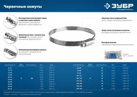ЗУБР Х-9Н, 50 - 70 мм, накатная лента 9 мм, цинк, 50 шт, червячный хомут (37807-70)
