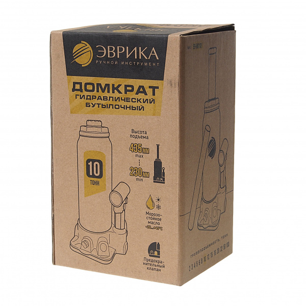 Домкрат гидравлический ER-80101 бутылочный с клапаном 10т, ремкомплект (выс. подъема 230-435мм) ЭВРИКА /1/4