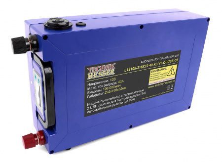 Аккумулятор литий-ионный TECHNIK-MESSER 12В 108000мАч BMS40A 292х185х82 (вольтметр с термодатчиком, быстрая зарядка 2USB, авторозетка)