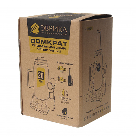 Домкрат гидравлический ER-80201 бутылочный с клапаном 20т, ремкомплект (выс. подъема 245-455мм) ЭВРИКА /1/2