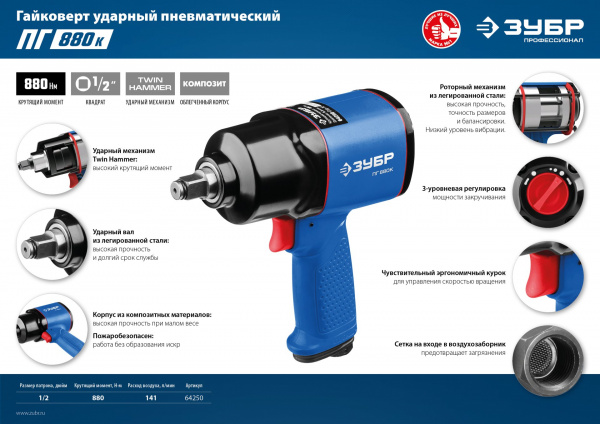 ЗУБР ПГ-880К, 1/2″, 880 Н·м, ударный пневматический гайковерт, Профессионал (64250)