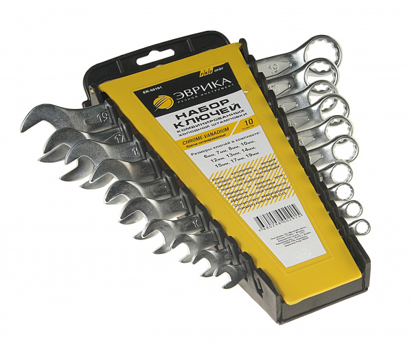Набор ключей комбинированных (6,7,8,10,12,13,14,15,17,19мм) холдер 10 предметов CrV PRO ЭВРИКА 5/20