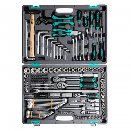 Набор инструментов, 1/2",3/8", 1/4", CrV, пластиковый кейс 142 предмета Stels Набор инструментов, 1/2",3/8", 1/4", CrV, пластиковый кейс 142 предмета Stels