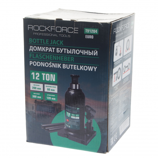 Домкрат гидравлический RF-T91204EURO бутылочный с клапаном 12т (выс.подъема 200-380мм) ROCKFORCE /1/4