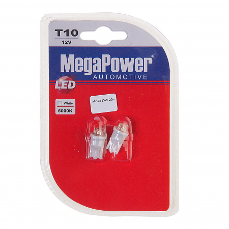 Автолампа T10W (W2,1x9,5d) 4 LED WHITE блистер (2шт) 6000K 28лм   12V MEGAPOWER /1 /50