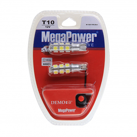 Автолампа T10W (W2,1x9,5d) 13 SMD 5050 WHITE блистер с тестером (2 шт) 6000K 260лм   12V MEGAPOWER /1 /25