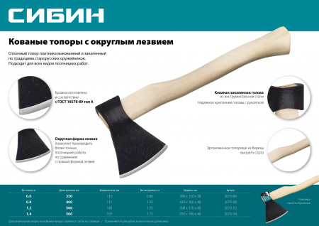 СИБИН 600/850 г, 350 мм, кованый топор с округлым лезвием (2070-06)