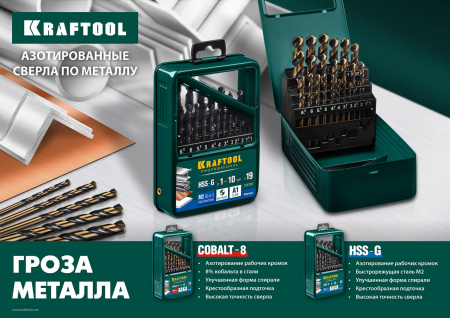 KRAFTOOL HSS-G, 19 шт, (1-10 мм), сталь P6M5, набор сверл по металлу (29651-H19)