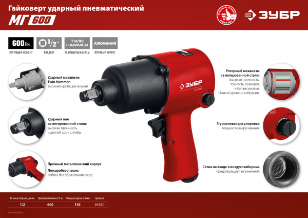 ЗУБР МГ-600, 1/2″, 600 Н·м, ударный пневматический гайковерт (64280) ЗУБР МГ-600, 1/2″, 600 Н·м, ударный пневматический гайковерт (64280)