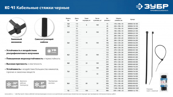 ЗУБР КС-Ч1, 4.5 x 300 мм, нейлон РА66, 100 шт, черные, кабельные стяжки, Профессионал (309030-45-300)