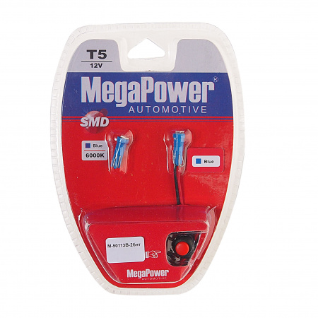 Автолампа T5 (W2*4.6d) 1 SMD 3528 BLUE блистер с тестером (2шт) 4лм   12V MEGAPOWER /1 /25