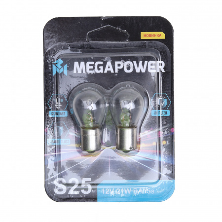 Автолампа P21W (BA15s) STANDART (блистер, 2шт) 12V MEGAPOWER /1/10