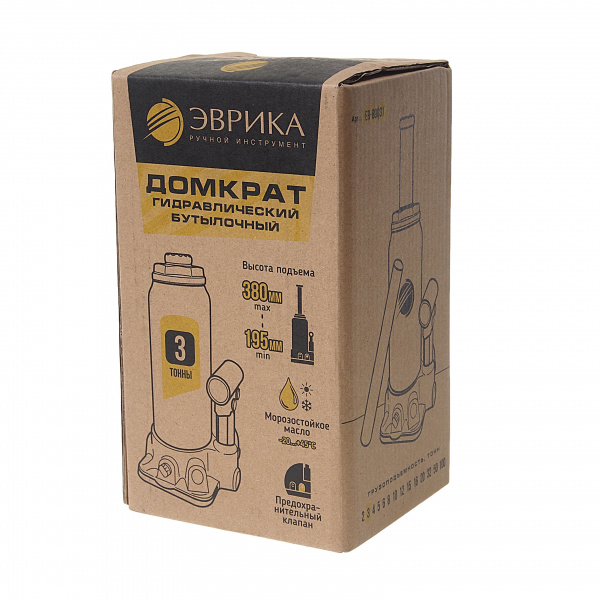 Домкрат гидравлический ER-80031 бутылочный с клапаном 3т, ремкомплект (выс. подъема 195-380мм) ЭВРИКА /1/5
