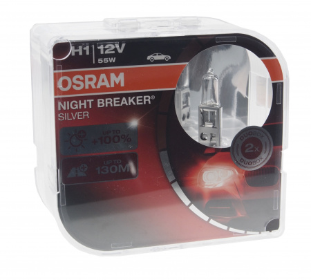 Автолампа H1 (55) P14.5s+100% NIGHT BREAKER SILVER (евробокс, 2шт) 12V OSRAM /1/10