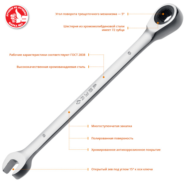 ЗУБР 8 мм, комбинированный трещоточный гаечный ключ, Профессионал (27074-08)