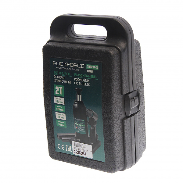 Домкрат гидравлический RF-T90204S-EURO бутылочный с клапаном 2т (выс.подъема 150-278мм) в кейсе ROCKFORCE /1/6