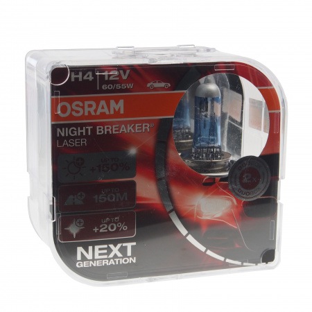 Автолампа H4 (60/55) P43t+150% NIGHT BREAKER LASER 4050K (евробокс, 2шт) 12V OSRAM /1/10
