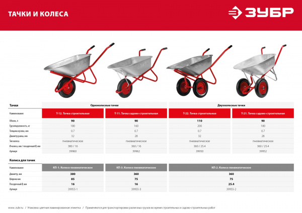 ЗУБР КП-1, 4″ х 380 мм, для тачки (арт. 39960), стальной диск, подшипник - 16 мм, пневматическое колесо (39955-1)