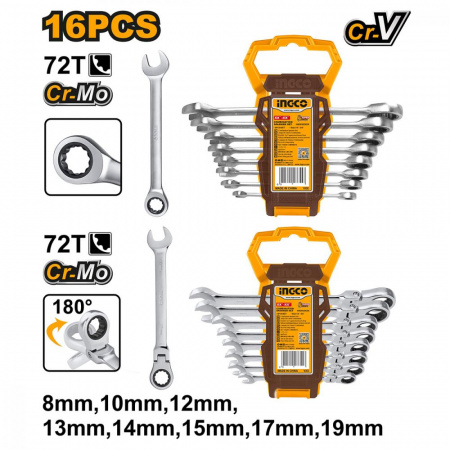 Набор комбинированных ключей с трещоткой 16 шт (8-19+8-19 мм) INGCO HKSPAR2016 INDUSTRIAL Набор комбинированных ключей с трещоткой 16 шт (8-19+8-19 мм) INGCO HKSPAR2016 INDUSTRIAL