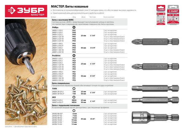 ЗУБР 10 х 45 мм, 2 шт, магнитные биты с торцовой головкой (26392-10-02)