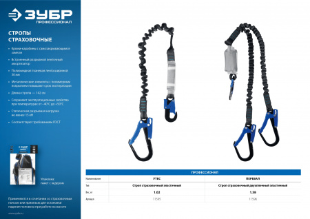 ЗУБР УТЕС стальные карабины с полимерным покрытием, эластичный, 1,42м, разрывной ленточный амортизатор, одноплечный строп, Профессионал (11595)