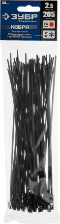 ЗУБР КОБРА, 2.5 x 205 мм, нейлон РА66, 50 шт, черные, кабельные стяжки с плоским замком, Профессионал (30935-25-205)