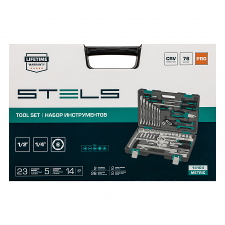 Набор инструментов, 1/2", 1/4", CrV, пластиковый кейс 76 предметов Stels Набор инструментов, 1/2", 1/4", CrV, пластиковый кейс 76 предметов Stels