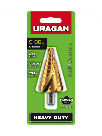 URAGAN 9-36мм, 10 ступеней, винтовая спираль, сверло ступенчатое (29658-9-36-10)